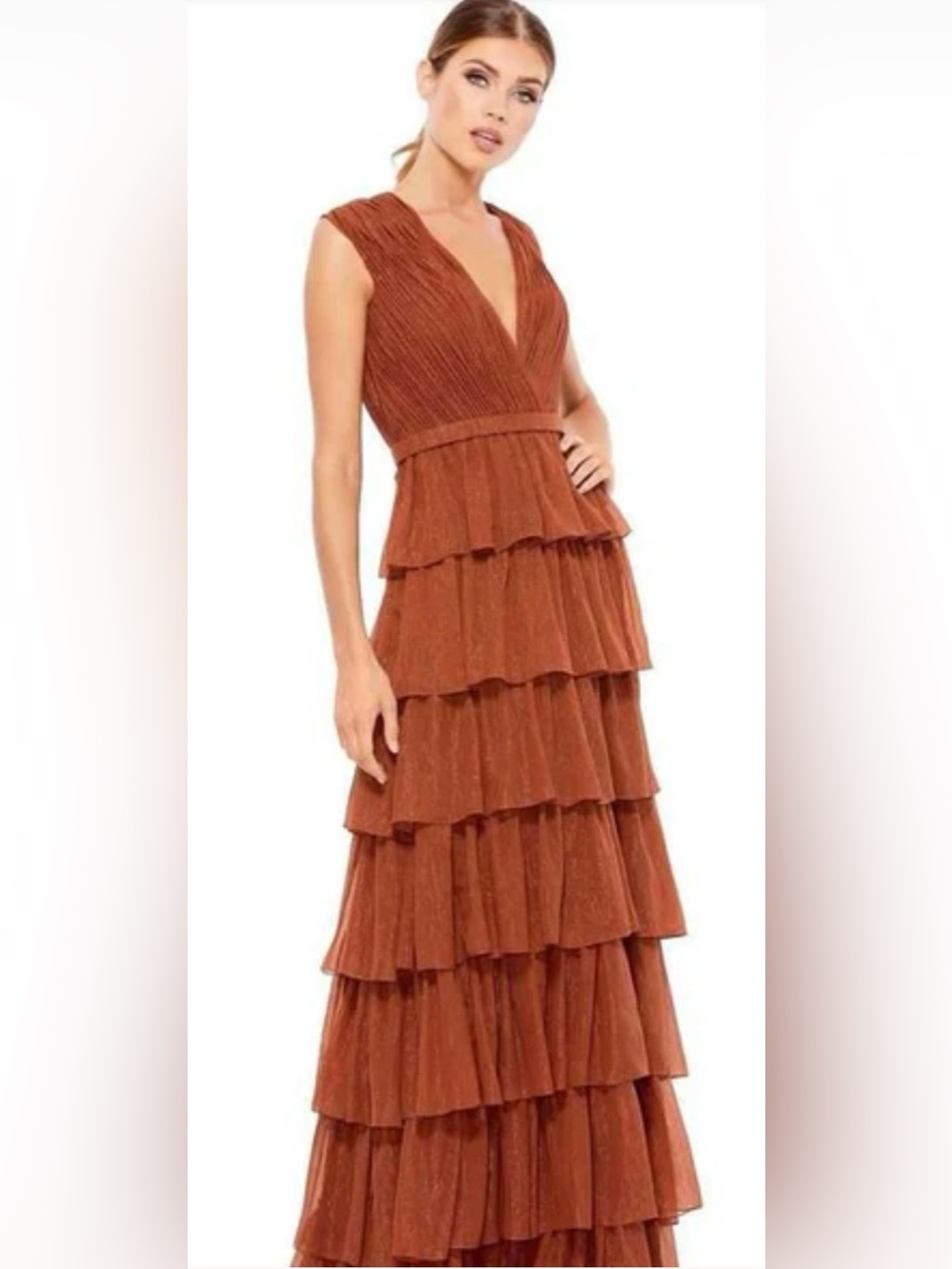 NWT Ieena for Mac Duggal Nutmeg Sparkly Tiered Ruffle Maxi Gown 20